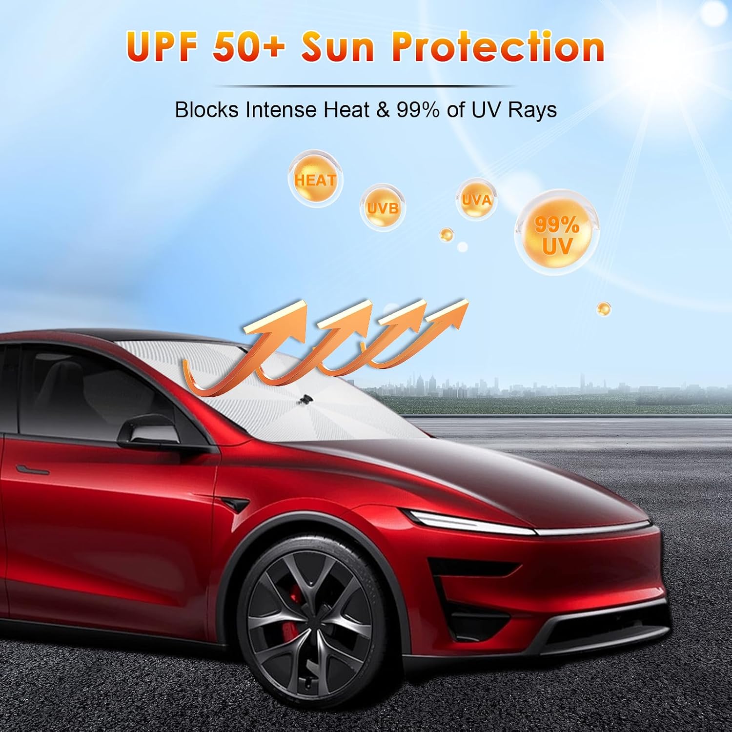 for Car Windshield Sunshade Umbrella 2026 Tesla Model 3/Model Y Custom Fit Windshield Sun Protector Cover 6-Layer Heat-Resistant Fabric, Ultra-Strong Fiberglass Frame (for Tesla Model 3/Model Y)