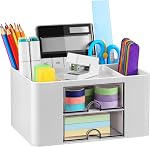 Marbrasse Plastic Pencil Holder for Desk, Pen Organizer with 2 Drawers | Desk Organizers and Accessories with 5 Compartments, Cosmetic Brush Holder for Office Art Supplies(Green)