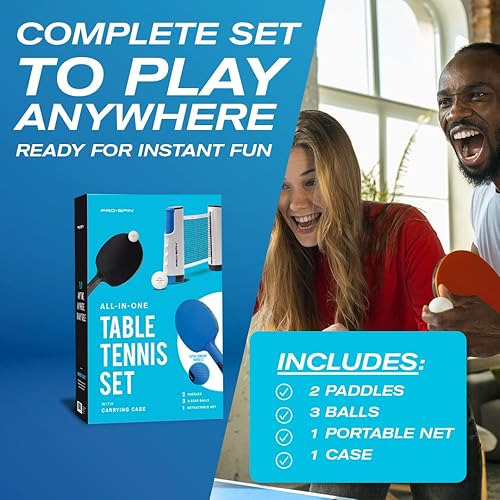 Vista 19 de PRO SPIN Juego de ping pong todo en uno – Red de ping pong retráctil para cualquier mesa (72 pulgadas), paletas y pelotas de ping pong, estuche