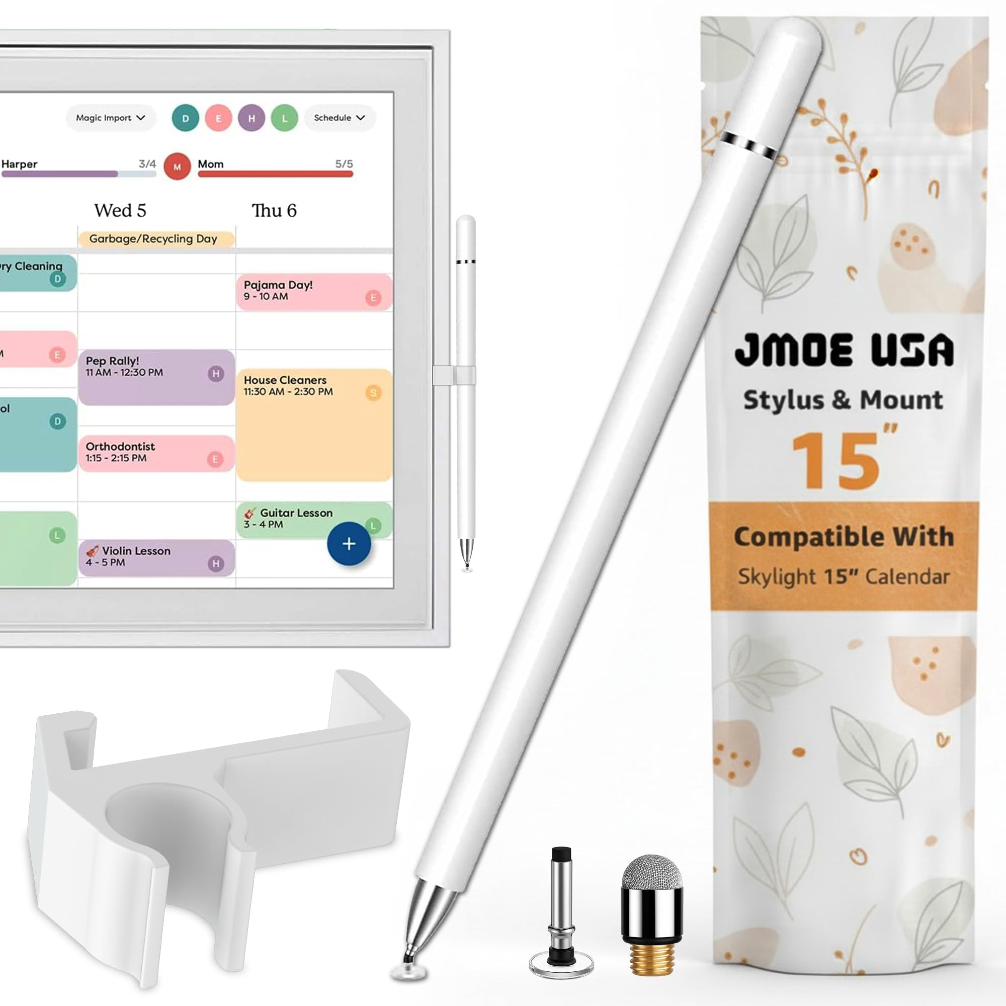 Jmoe USAStylus and Mount for Skylight 15 inch Calendar | Dual Tip with Mesh and Disc Tips | 2 Spare Replacement Parts | Flexiple Stylus Holder Mounts to Calendar