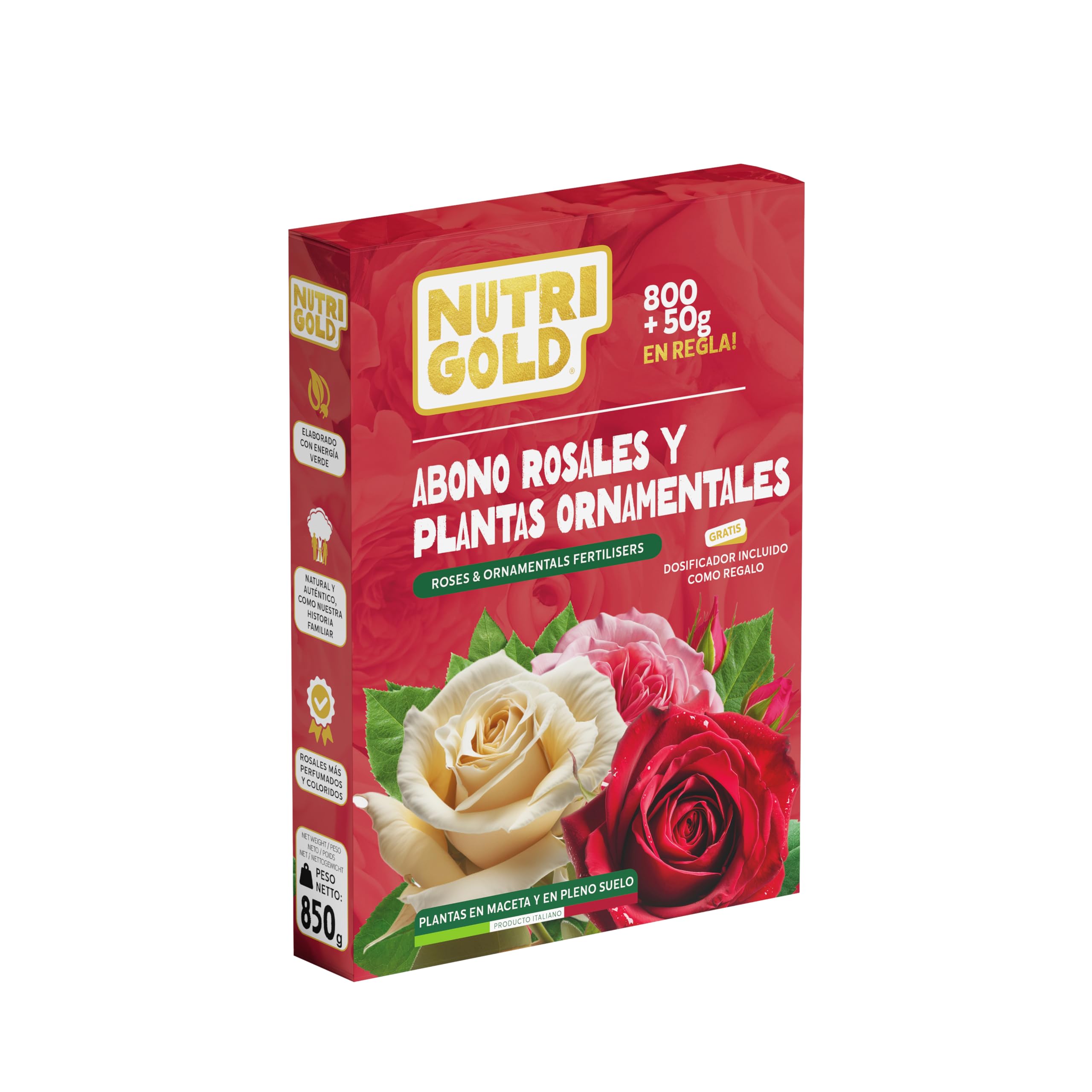 NutriGold® fertilizante Rosas y Flores | Abono para Rosas, Flores y Plantas Floridas - Estimula Floraciones Ricas e Intensas - 100% Natural Km0 - Sólido 800g + 50g Gratis