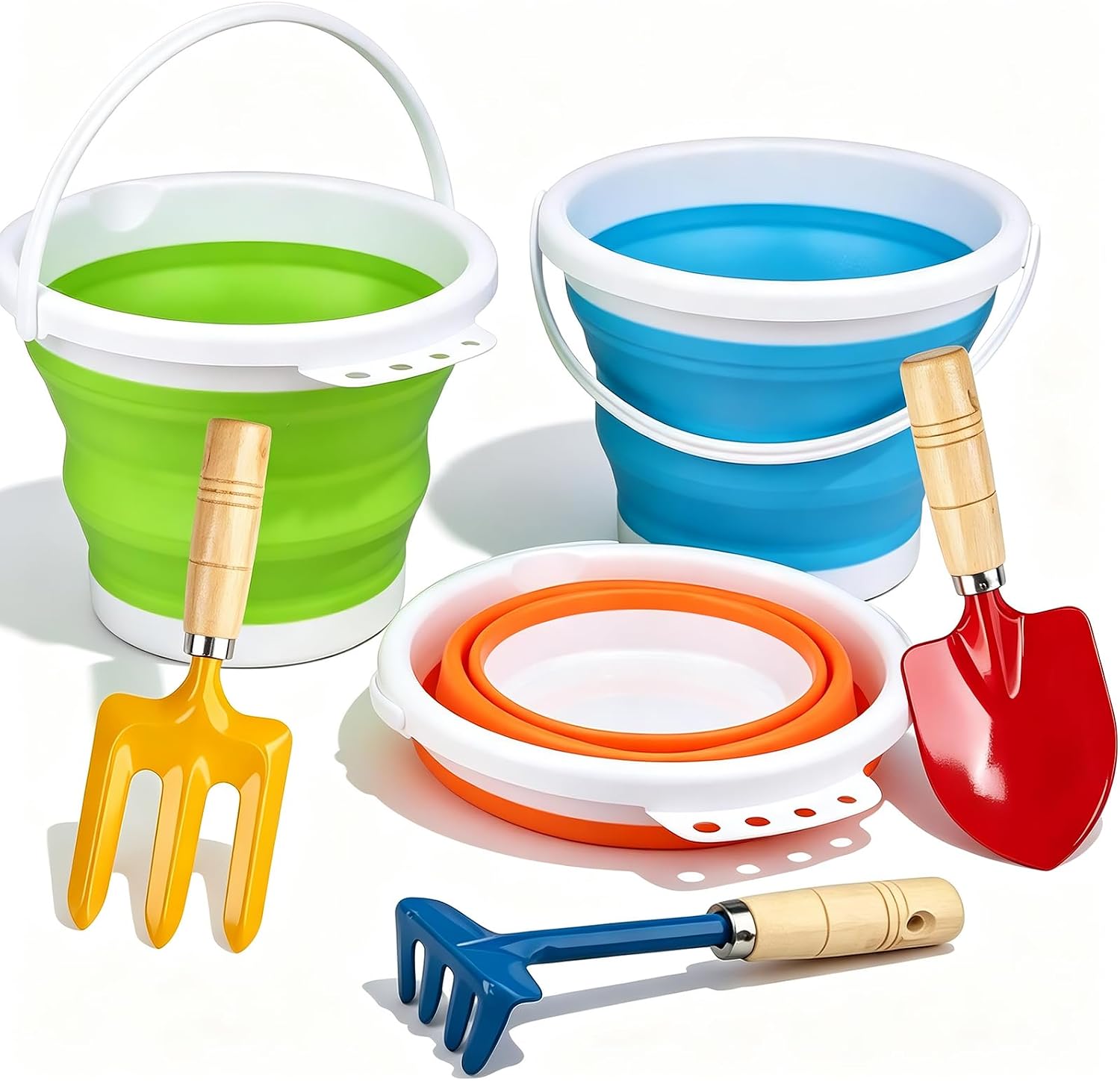Gardening Tools Set Foldable Beach Bucket with Metal Shovels for Adults, Collapsible Pails Sand Bucket for Basket Camping Gardening Fishing, Essential Travel Gadget 6PCS