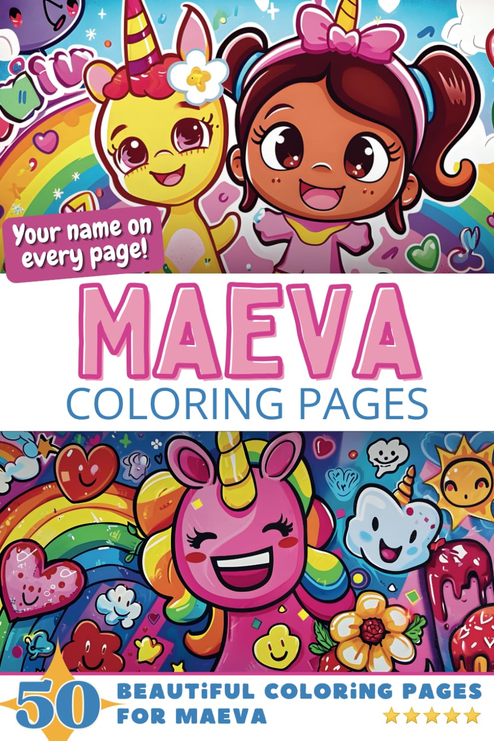 Maeva Coloring Pages: Wow-Effect! Your name on every page - Maeva coloring book - 6x9" - 50x Maeva coloring page - Fantastic Gift