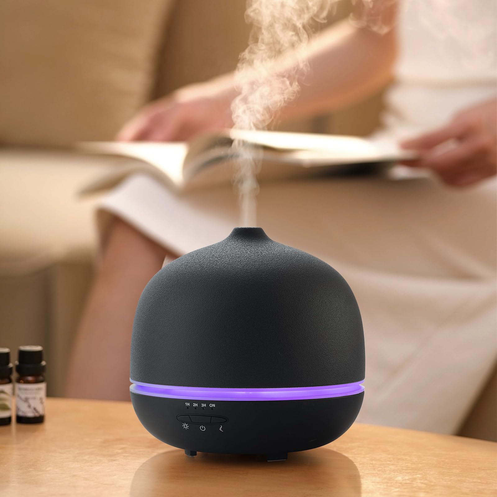 JESMAY Diffusore di aromi in ceramica per oli essenziali, 500 ml, umidificatore nero, striscia di luce ambientale a 7 colori, con timer, spegnimento automatico anidro