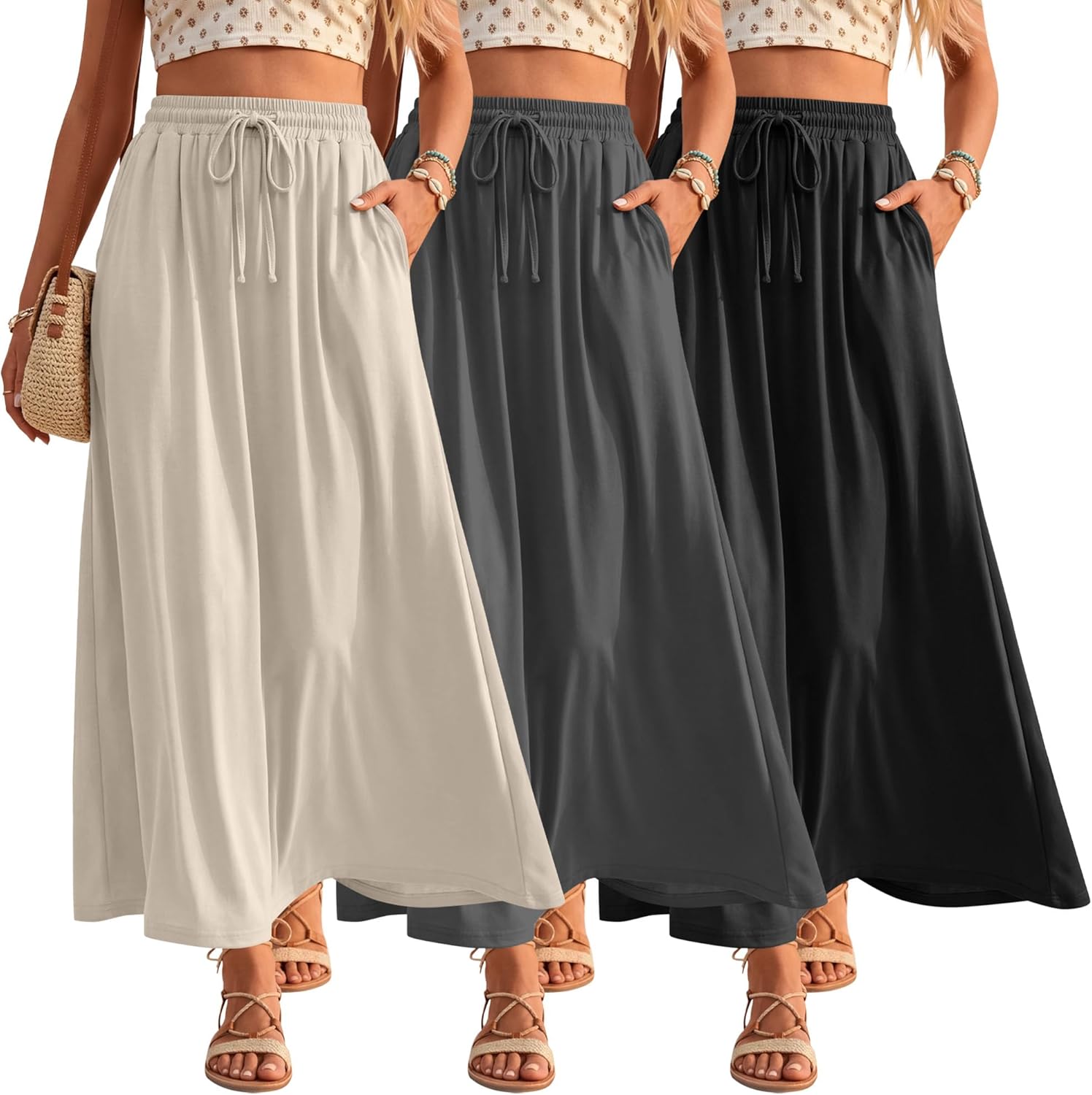 Ficerd 3 Pack Women's Maxi Long Skirts, Ankle Length a Line Elastic High Waist Summer Casual Drawstring Skirts with Pockets
