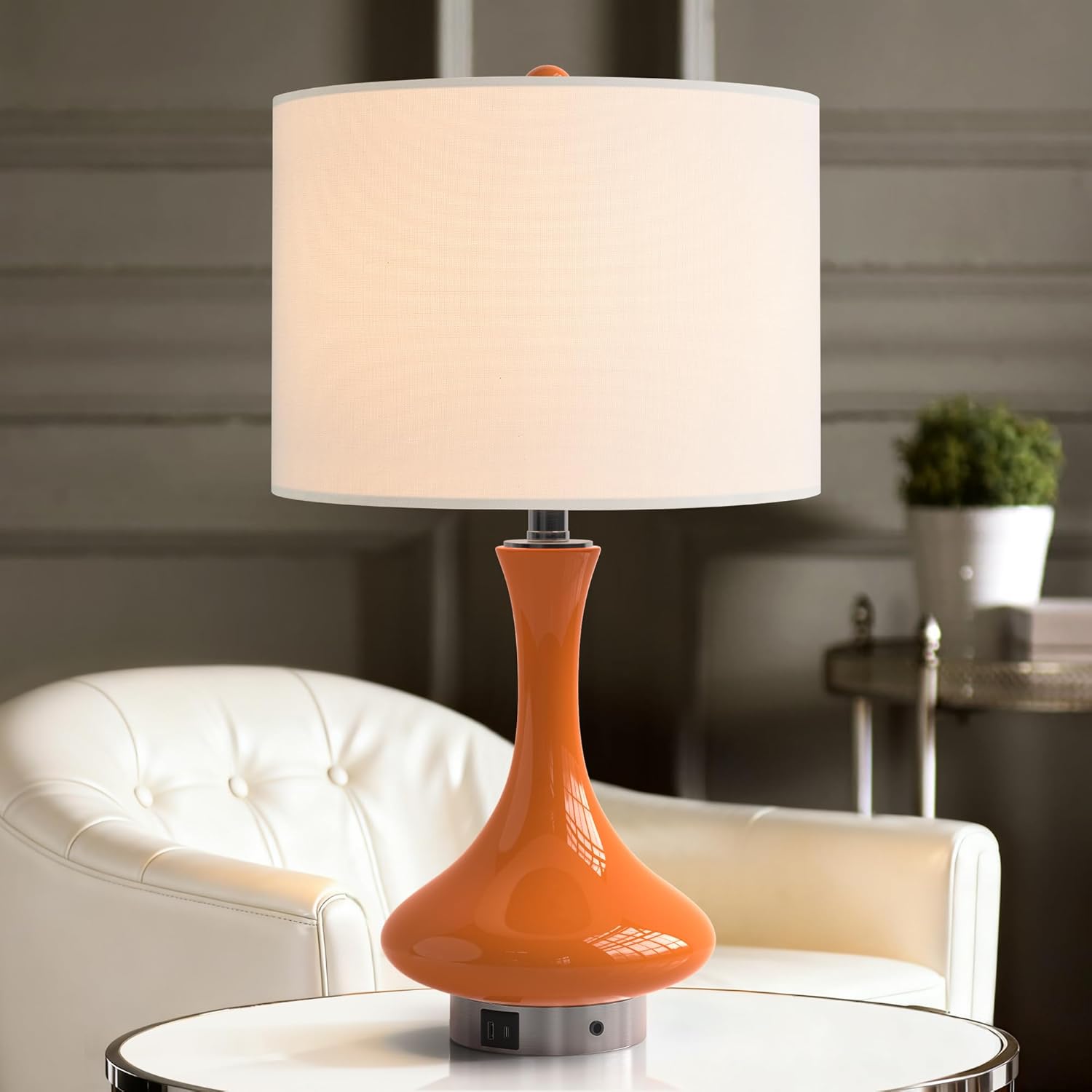 Maxax 24" Modern Orange Table Lamp for Living Room, Traditional Ceramic Bedside Lamp with USB C+A Ports, Classic Nightstand Lamp with White Shade for Bedroom, Office