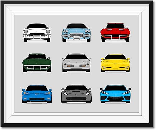 Custom Car Posters Handmade Poster compatible with Chevy Corvette Generations and Print of Chevrolet Corvette (C1 C2 C3 C4 C5 C6 C7 C8) (Landscape)