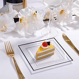 bUCLA 100PCS Black Square Plastic Plates Disposable - 6 inch Clear and Black Dessert/Cake Plates - Premium Hard Square Small Appetizer for Party, Halloween & New Year