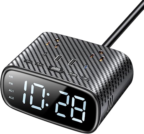 Reloj despertador dual con estación de carga de escritorio, 2 USB C, 2 USB A, 2 puertos de CA - Hub de carga de salida USB máximo de 30 W - Reloj