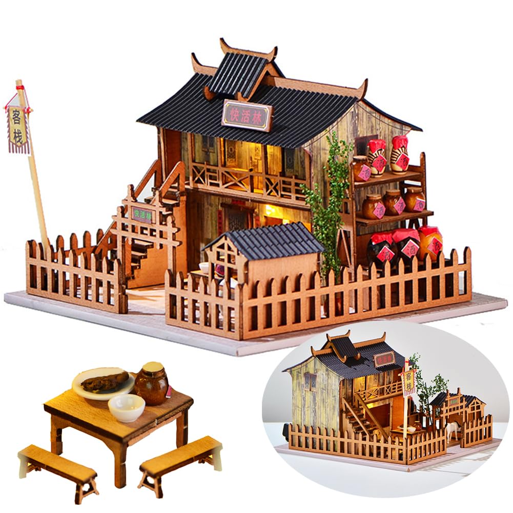 TOPBSFARNY Dollhouse Miniature with Furniture, Japanese/Chinese DIY Wooden Dollhouse Kit, Handmade Building Model House for Birthday Valentine's Day Gift (Wine Shop)