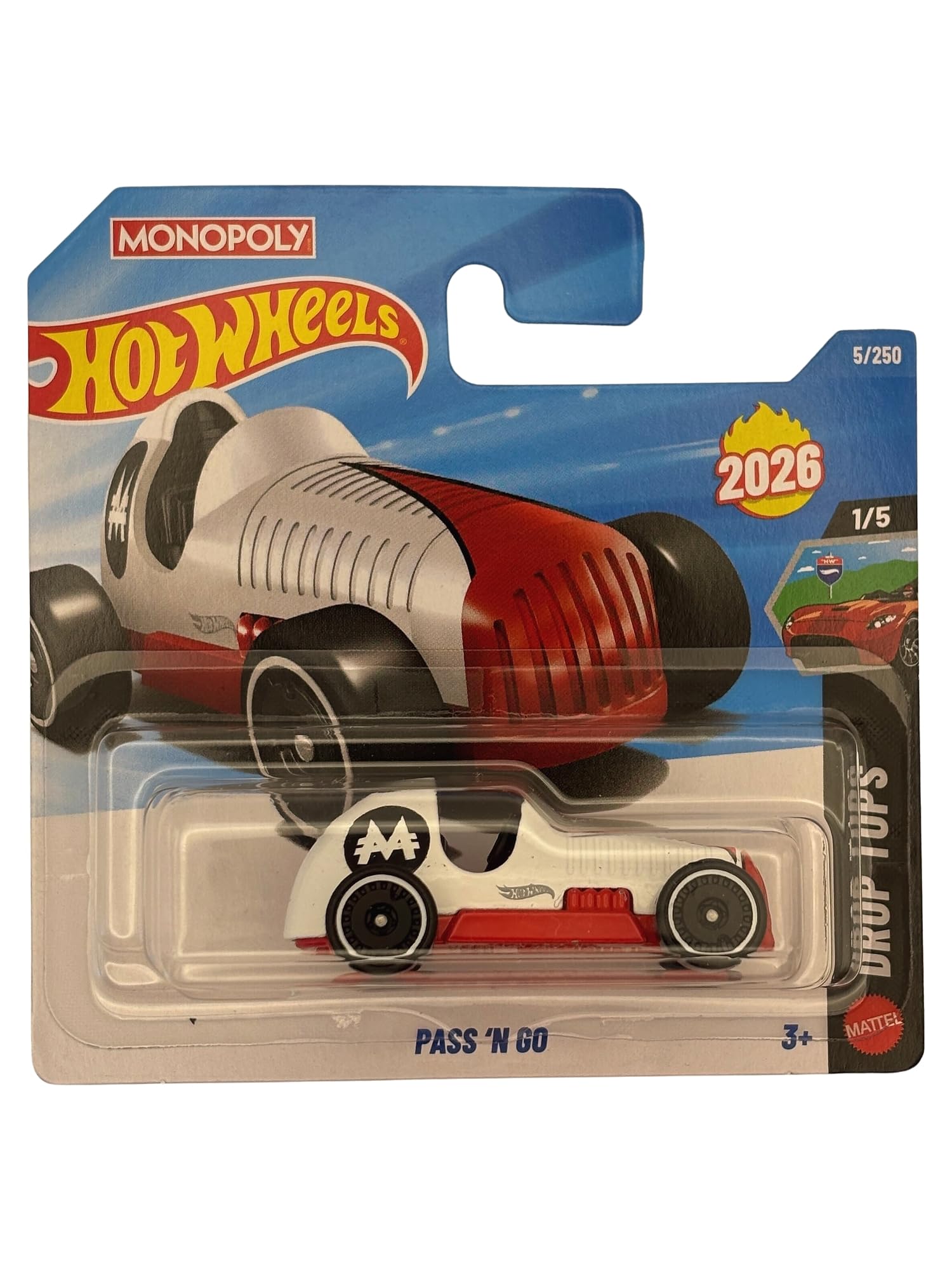 Hot Wheels - Pass 'N Go - Drop Tops 1/5 - JJK98 - Short Card - White/Red - Mattel 2026 (5/250) - Monopoly Edition - 1:64 - Official Licensed Model