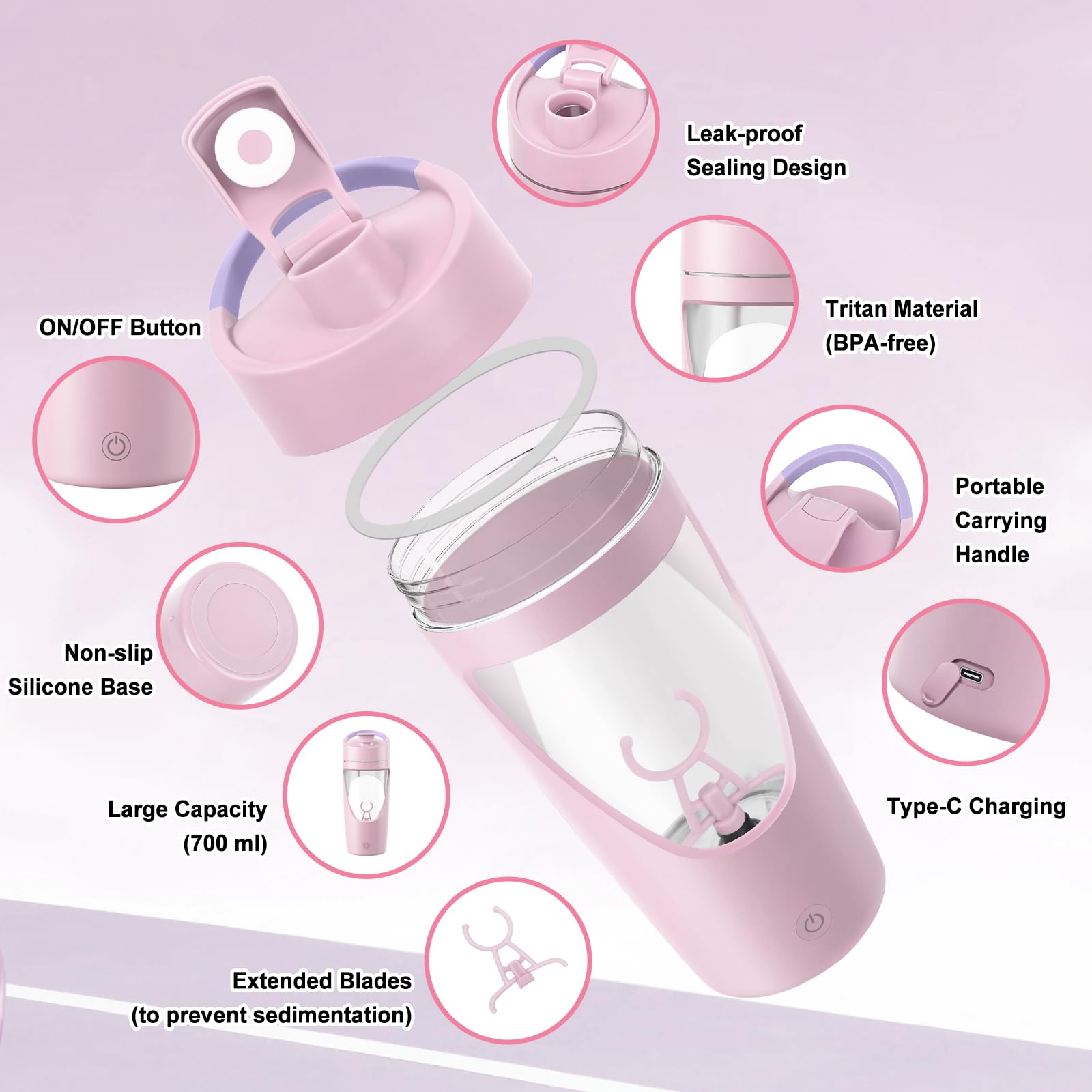Shaker elettrico per proteine, bottiglia shaker per proteine da 700 ml con conservazione supplementare, shaker per frullati proteici USB C ricaricabile, realizzato con Tritan, potente per frullati