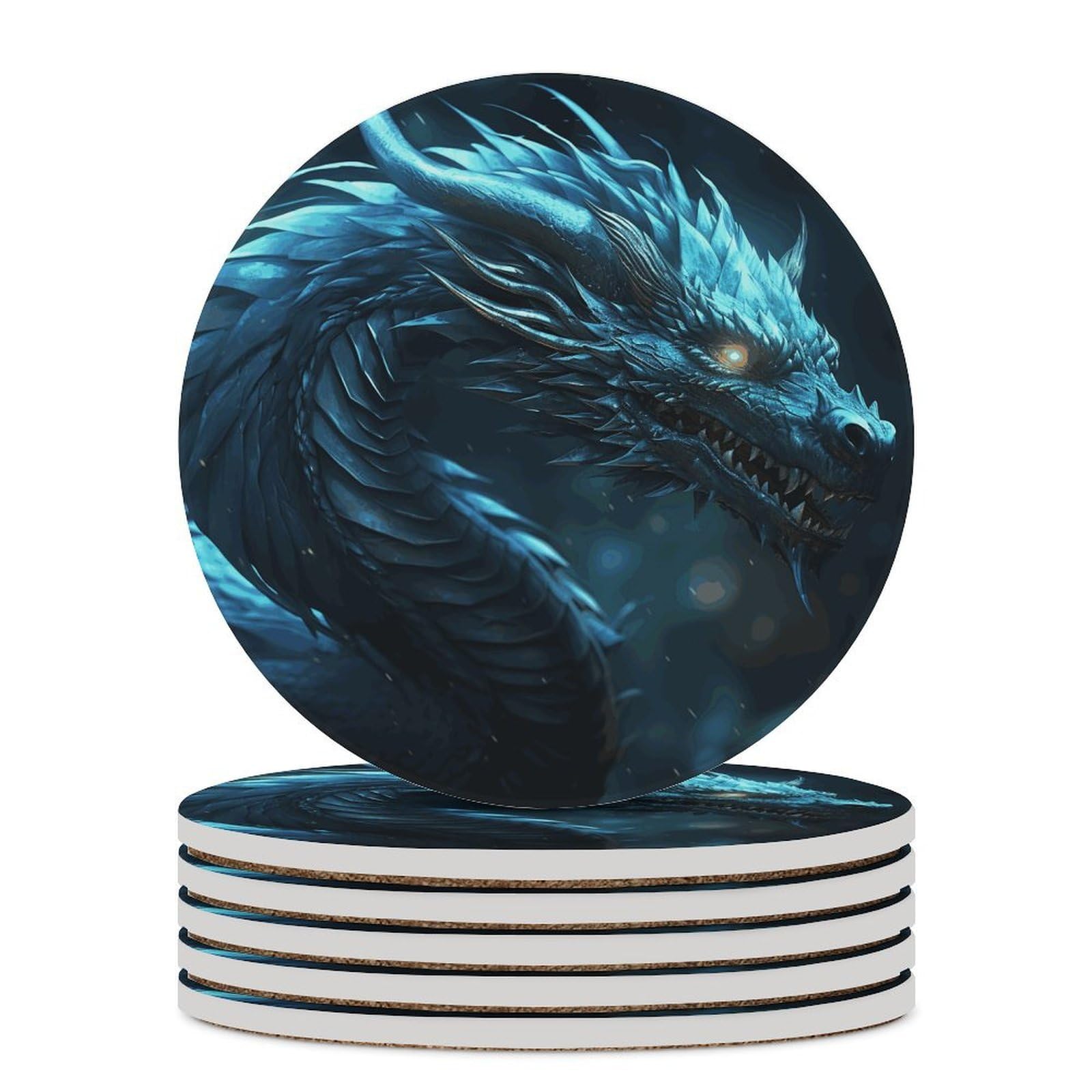 Cyan Dragon Coasters for Drinks Absorbing Round Ceramic Stone Coaster with Cork Base Coffee Cup Beverage Table Cup Mat Modern Style Bar Coaster Set for Home Decor