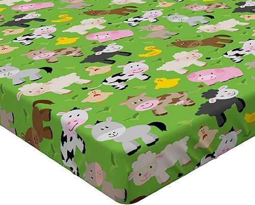 Miniatura 3 de Ambesonne Sábana bajera ajustable de cerdo, patrón temático de criaturas con vacas ovejas, pollos y patos, funda de cama con bolsillo profundo