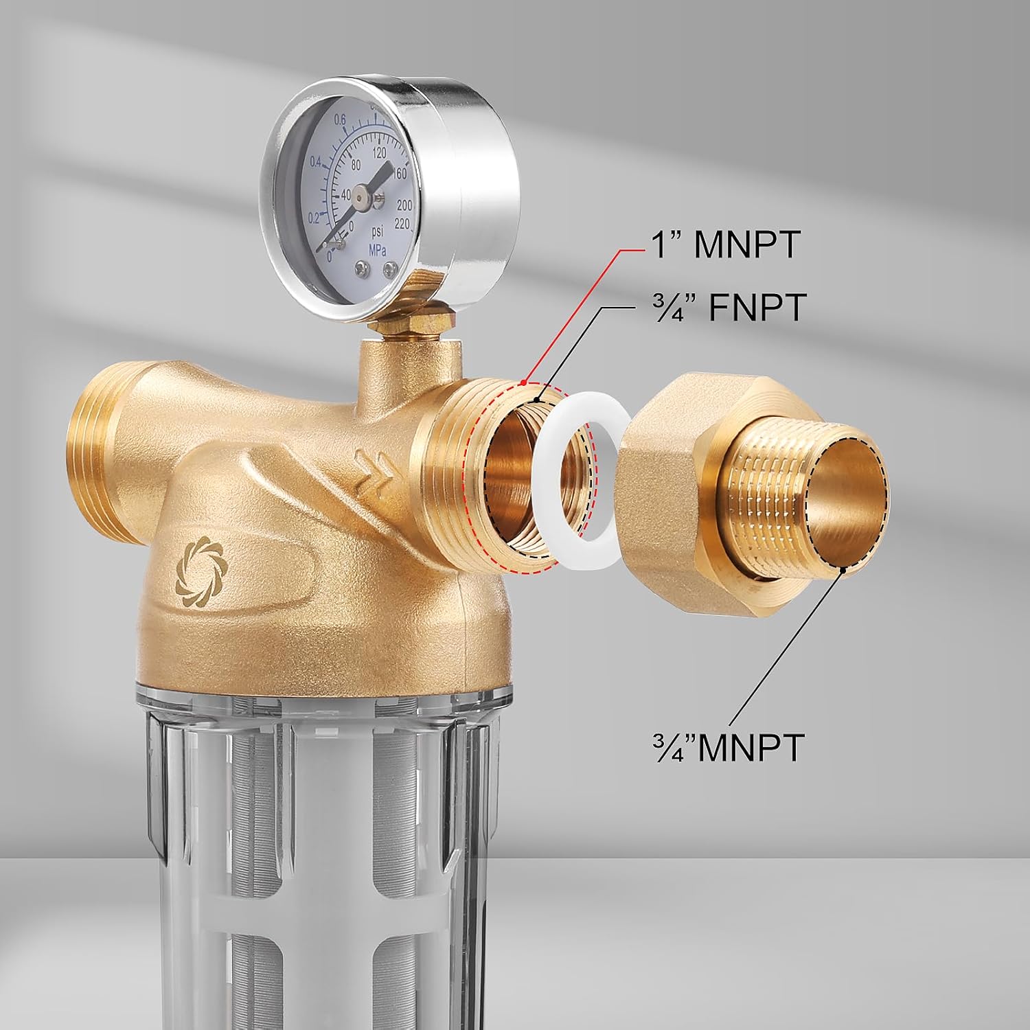 Airthereal Spin Down Water Sediment Filter, Pre-Filtration System for Whole Home, Water Filter for City and Well Water, 40 Micron Reusable Sediment Backwash Filter with 1" MNPT + 3/4" FNPT Connector