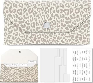 PU Leather Cash Envelopes Wallet, Reusable Money Saving Wallet, Cute Budget Envelope with 4 Dividers & 1 Sheets Budget Labels Light Gray Leopard
