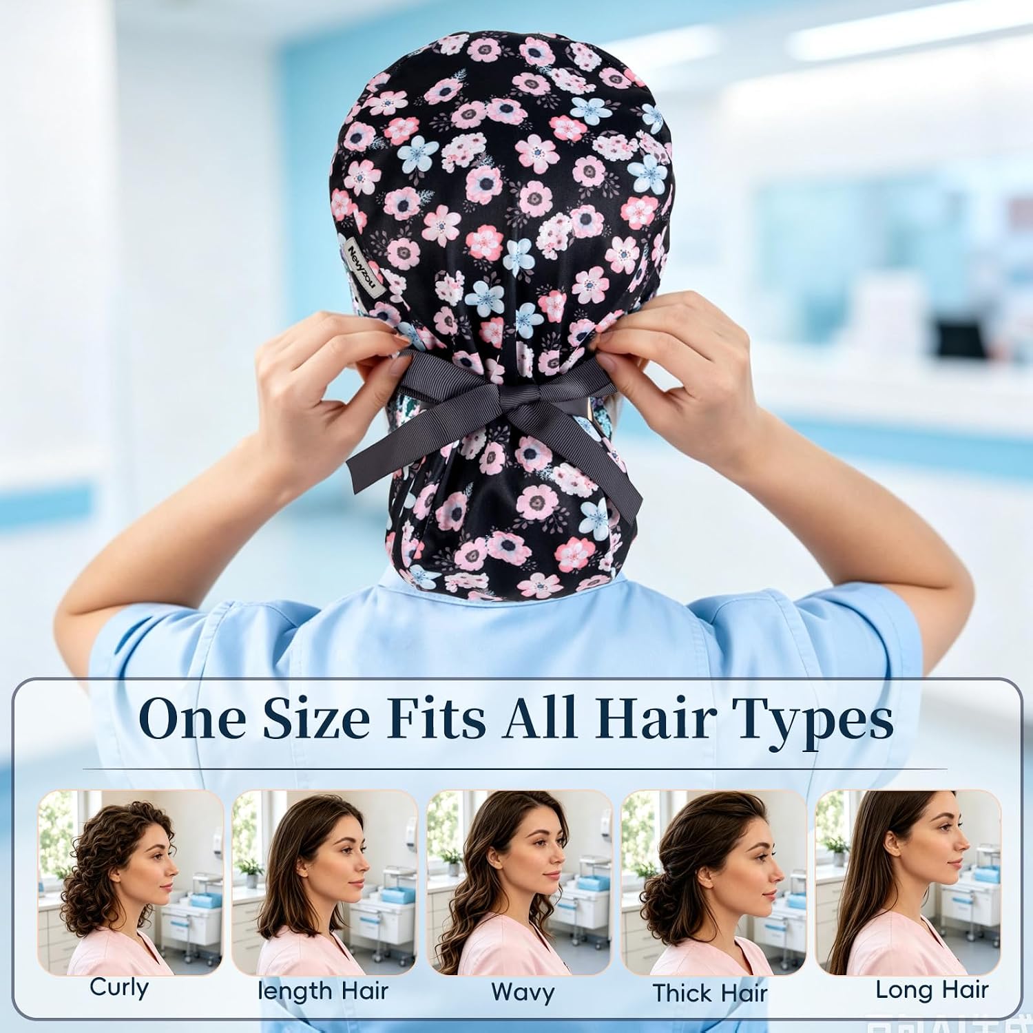 Satin Lined Ponytail Scrub Caps for Women, Adjustable Tie with Buttons