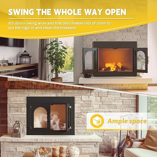 Miniatura 9 de Puerta de chimenea, puertas de chimenea con pantalla y decoración de vidrio, protector de malla de hierro y paneles magnéticos, se adapta a