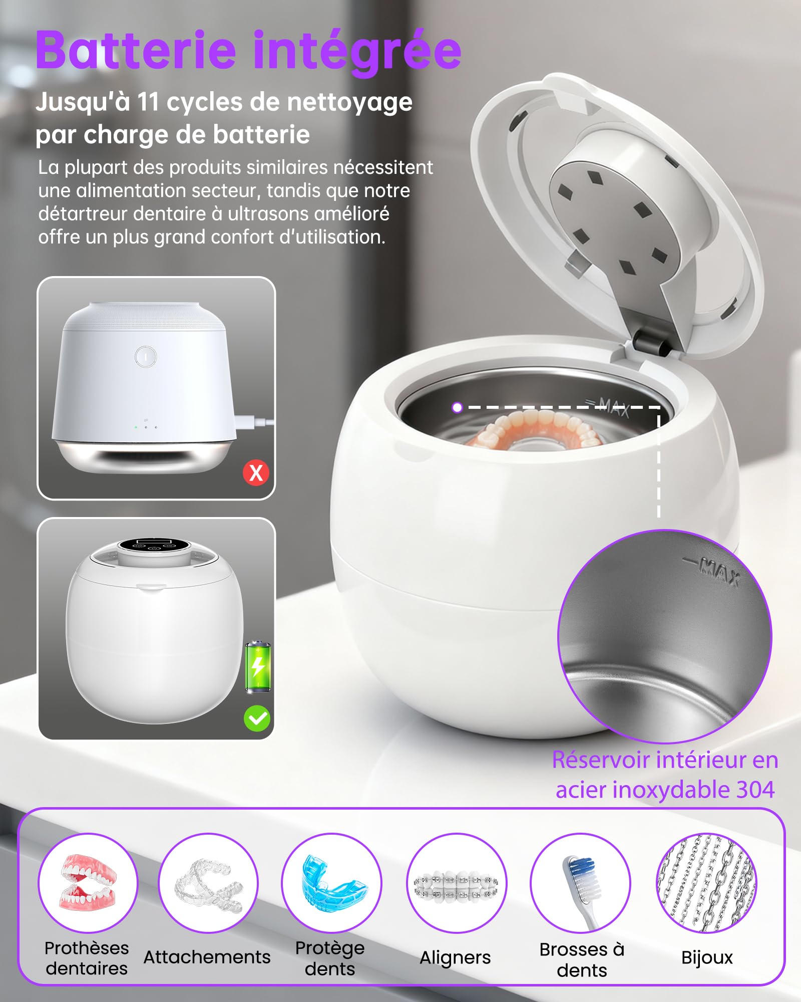 LONGYI Nettoyeur Ultrasons 45KHZ 6 Lampes UV Batterie intégrée 4 Réglages Minuterie 210ML Dental Pod UDC-80