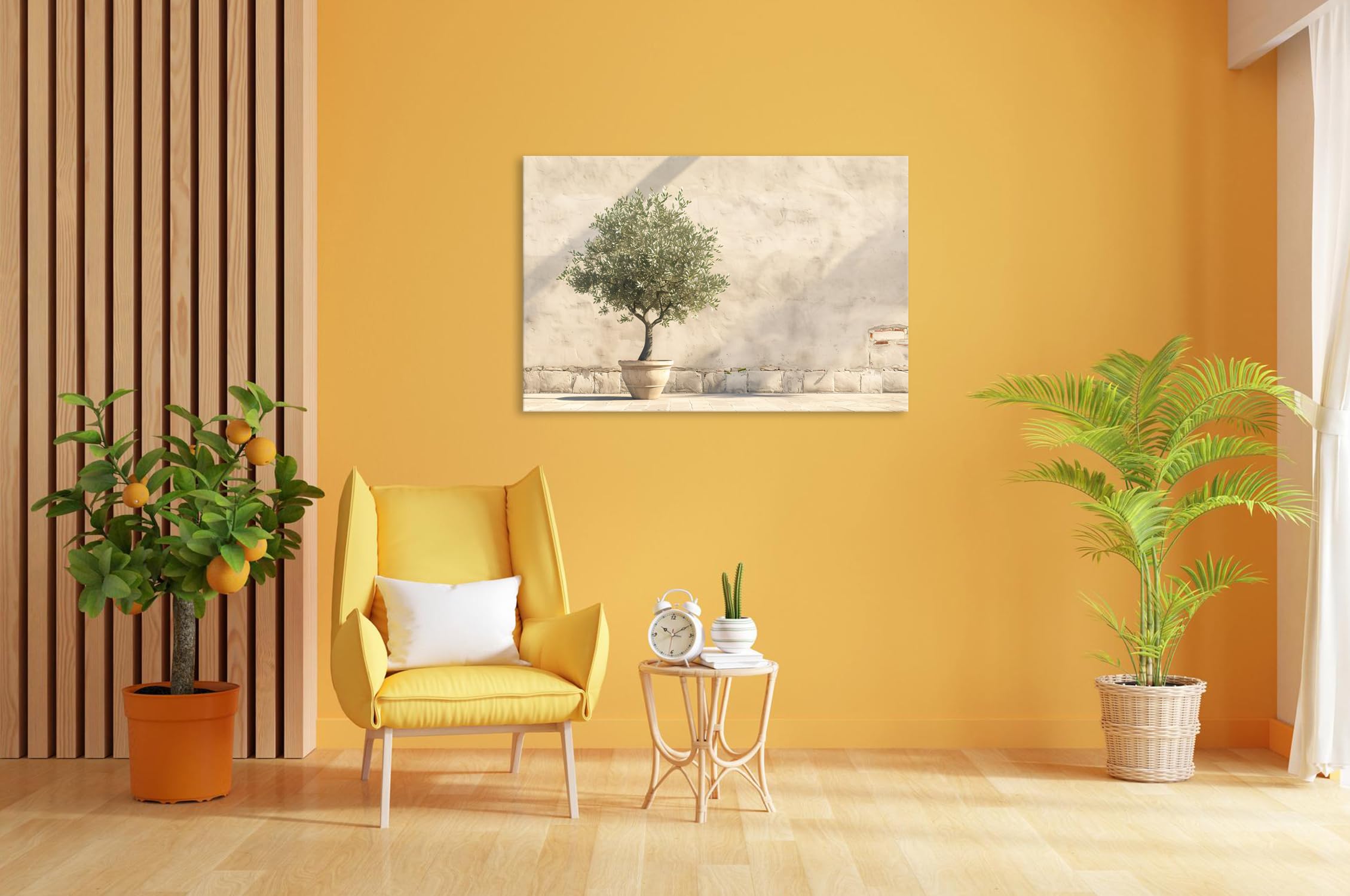 Farbenhorizont Leinwandbild Mediterraner Innenhof mit Olivenbaum, warmes Sonnenlicht Format: 120x80cm XXL Wandbild auf Keilrahmen/Kunstdruck/Bild Wohnzimmer Dekoration
