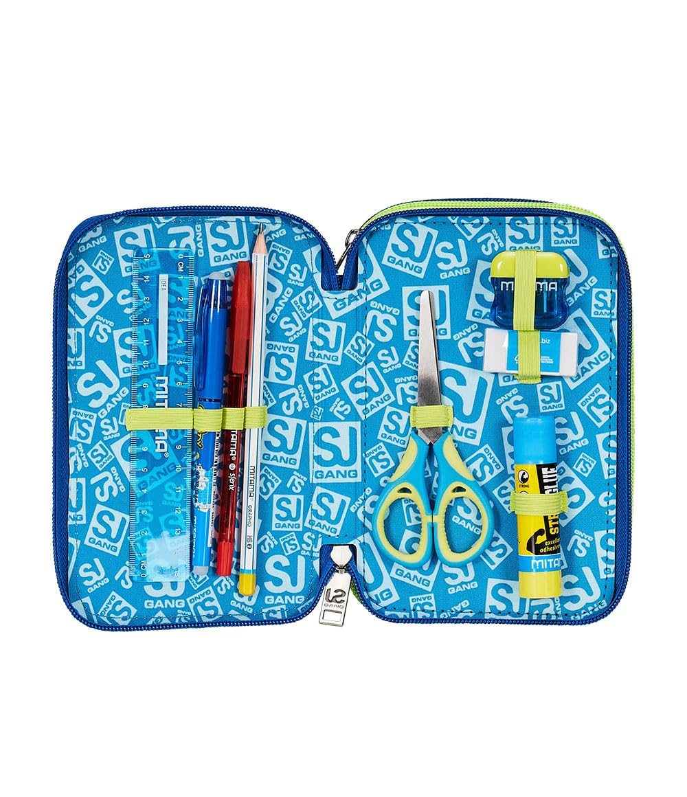 SJ GANG STYLE JAM GANG Astuccio Scuola 3 Zip, Blu, Cuccioli di SJ, Portapenne Triplo Scomparto Completo Di Penne, Matite, Colori, Accessori Zaino, Elementari, Medie, Bambino