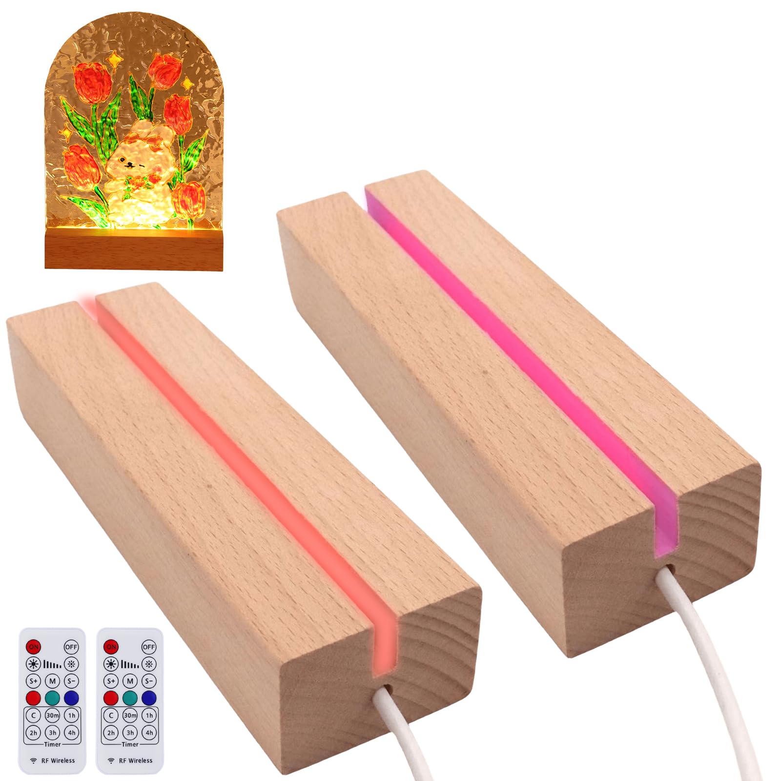 Lot De 4 Socles LED En Bois - Support Lumineux 7 Couleurs Pour Plaque Verre, Cristal, Décoration | 30x45x150mm