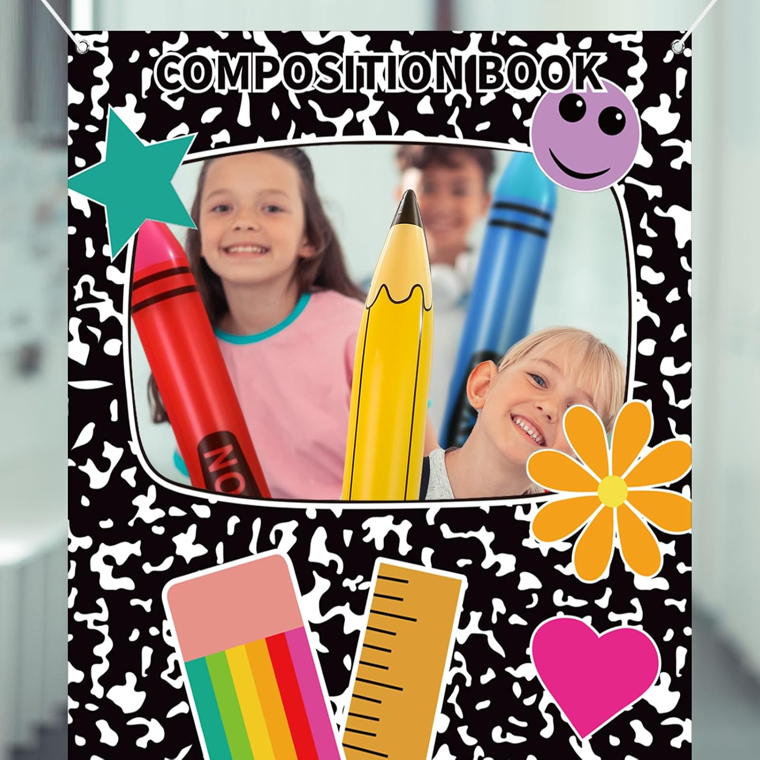 Duraaamo 7 Pcs Back to School Photo Booth Props Composition Book Paper Photo Frame Large Inflatable Crayon Pencil Apple Balloons Set for Celebration First Day of Preschool Graduation Party Decorations