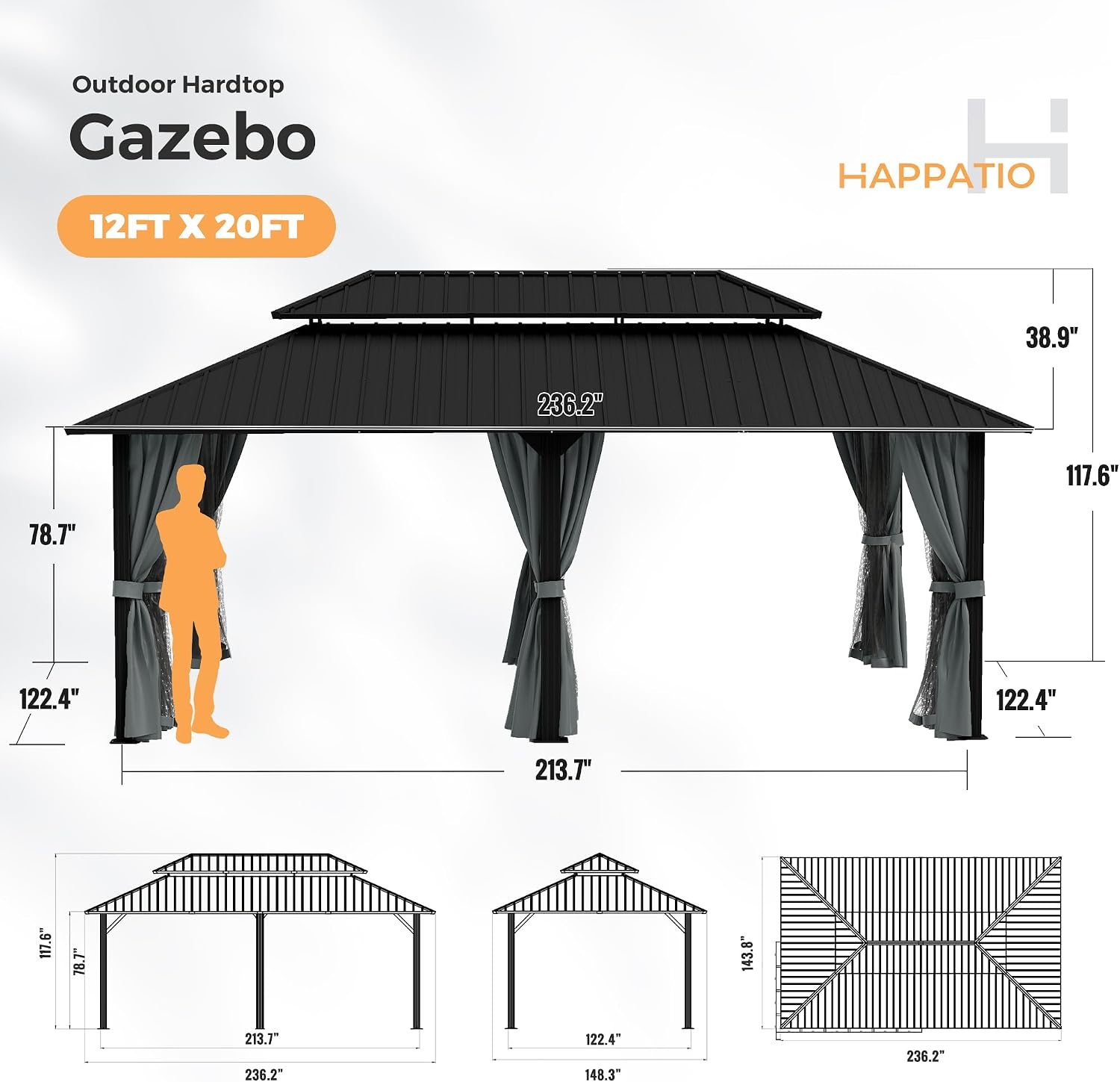 HAPPATIO 12'x 20' Hardtop Aluminum Gazebo Outdoor, Double Galvanized Steel Roof Canopy with Aluminum Frame, Curtains and Netting for Patio, Backyard, Deck, Lawn,Easy Assembly (Grey)