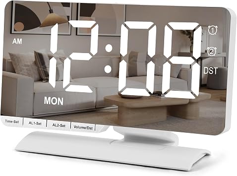 SZELAM Digital Clock,Alarm Clock Bedside,7.3 Large LED Mirror with Date Display,Dual Alarm with 3 Mode,Brightnee Adjust,DST,Snooze Function,USB C Charging Port,5 Levels Volume for Desk Bedroom Teens