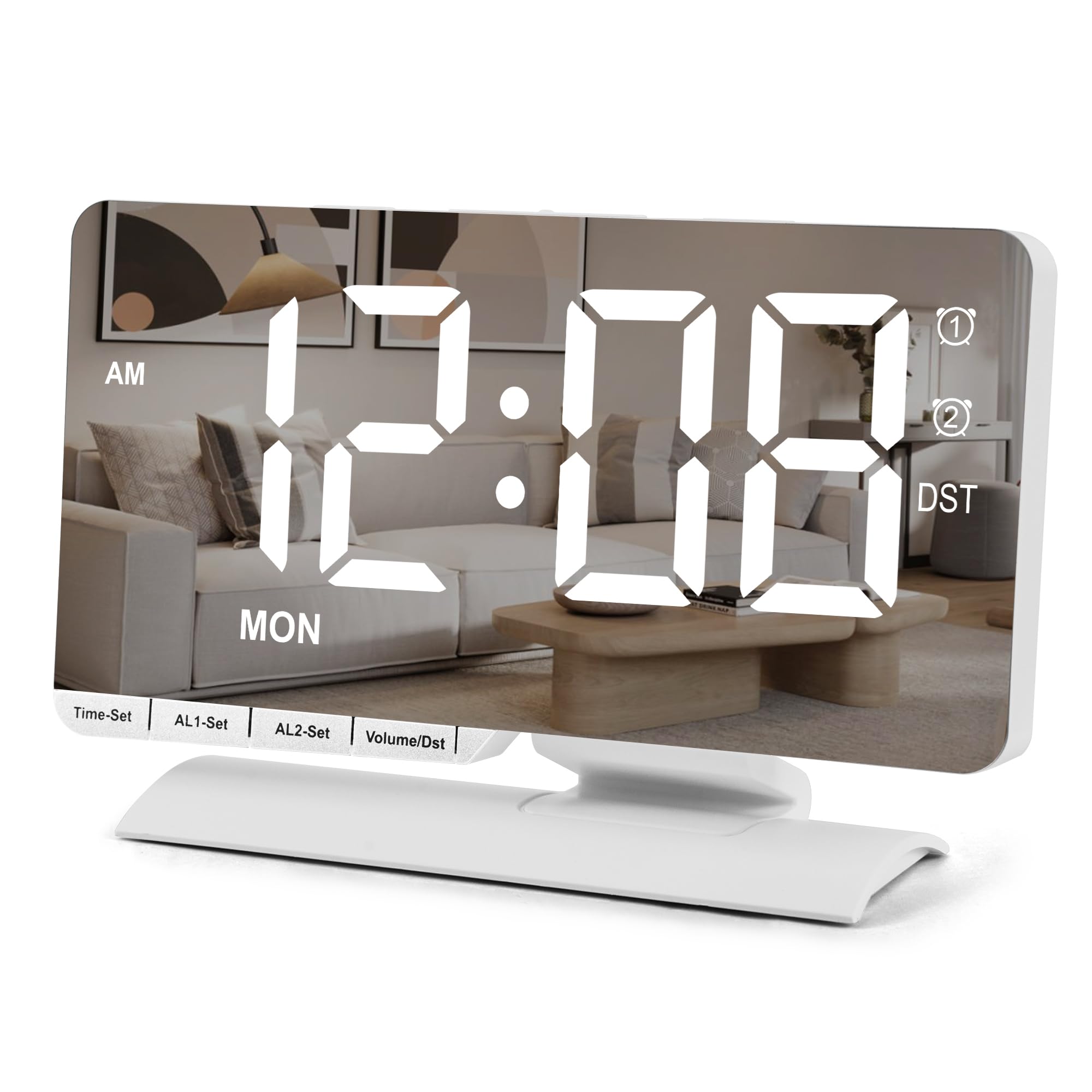 SZELAM Digital Clock,Alarm Clock Bedside,7.3'' Large LED Mirror with Date Display,Dual Alarm with 3 Mode,Brightnee Adjust,DST,Snooze Function,USB C Charging Port,5 Levels Volume for Desk Bedroom Teens