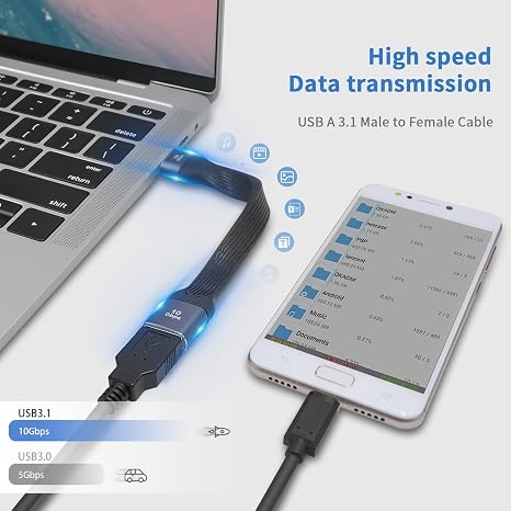 Poyiccot Short USB 3.0 Extension Cable, 5inch Flat FPC USB Extension Cable, 10Gbps Type A Male to Female Extender Cable for VR, PlayStation, Keyboard, Printer, Scanner, USB Hub