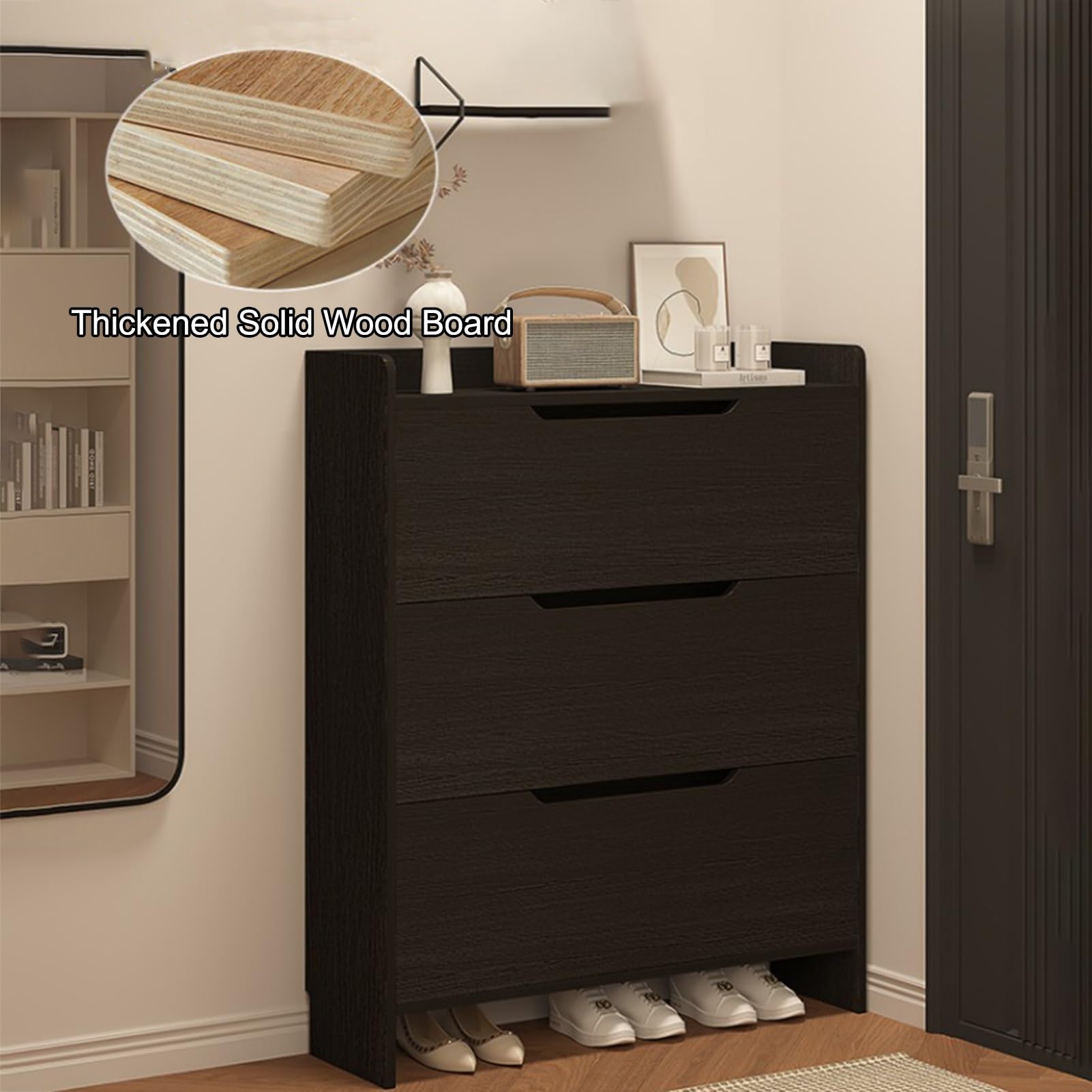 Nowoczesny domek wiejski z 3 szufladami z klapką pionowy wąski stojak do przechowywania do wejścia i przedpokoju drewniany stojak na buty (biały, 60 x 17 cm, czarny, 50 x 17 cm)