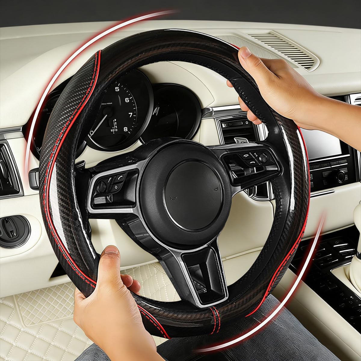 Car Steering Wheel Cover, 14.5-15 Inch Carbon Fiber Full Surround Vehicle Steering Wheel Protector with Inner Ring, Auto Interior Decorative Accessory, Universal for SUV RV Truck (Black/Red)