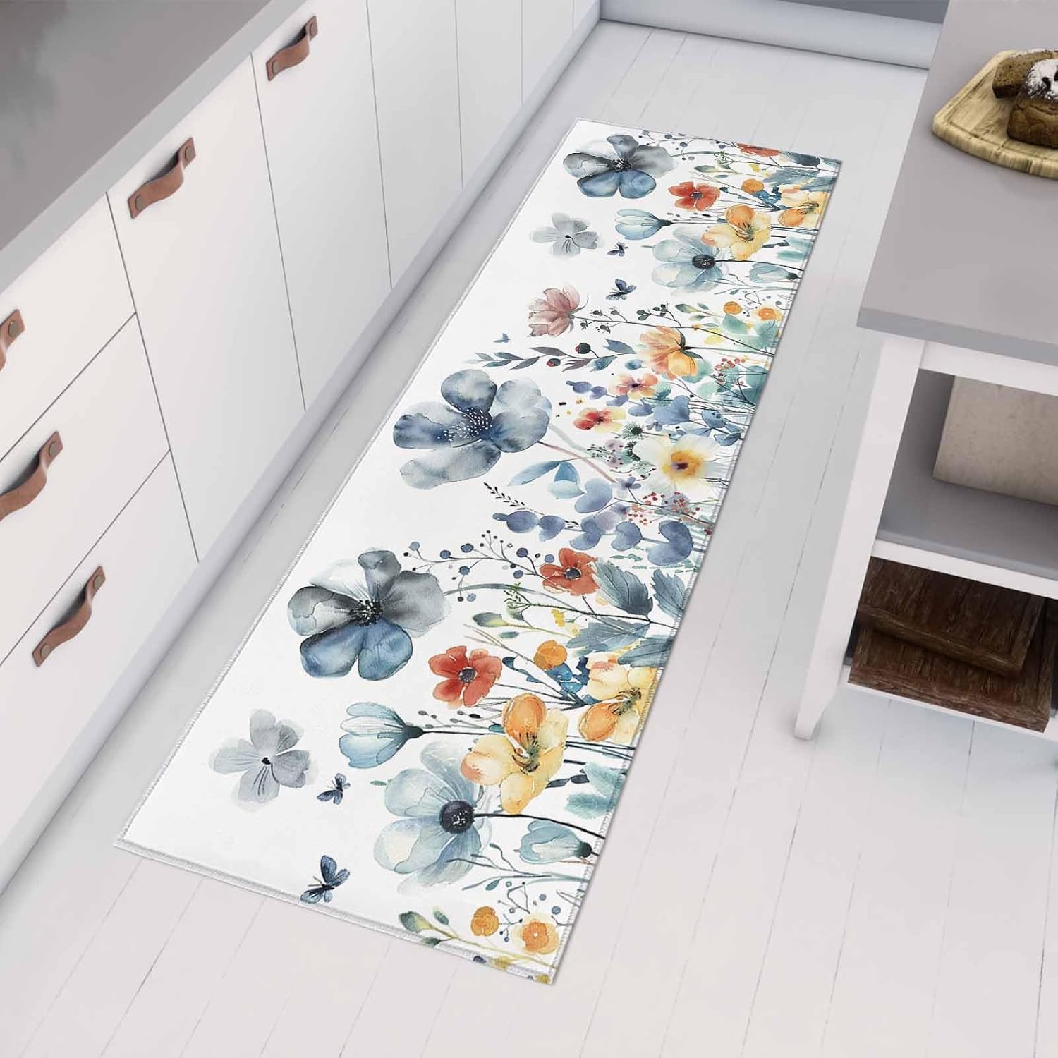 Kitchen Mats for Floor Watercolor Garden Flower on White Washable Non Slip Kitchen Rugs 1PCS, Spring Blossom Floral Leaves Absorbent Standing Mats for Sink Bathroom Office Living Room 23.6x70.9in