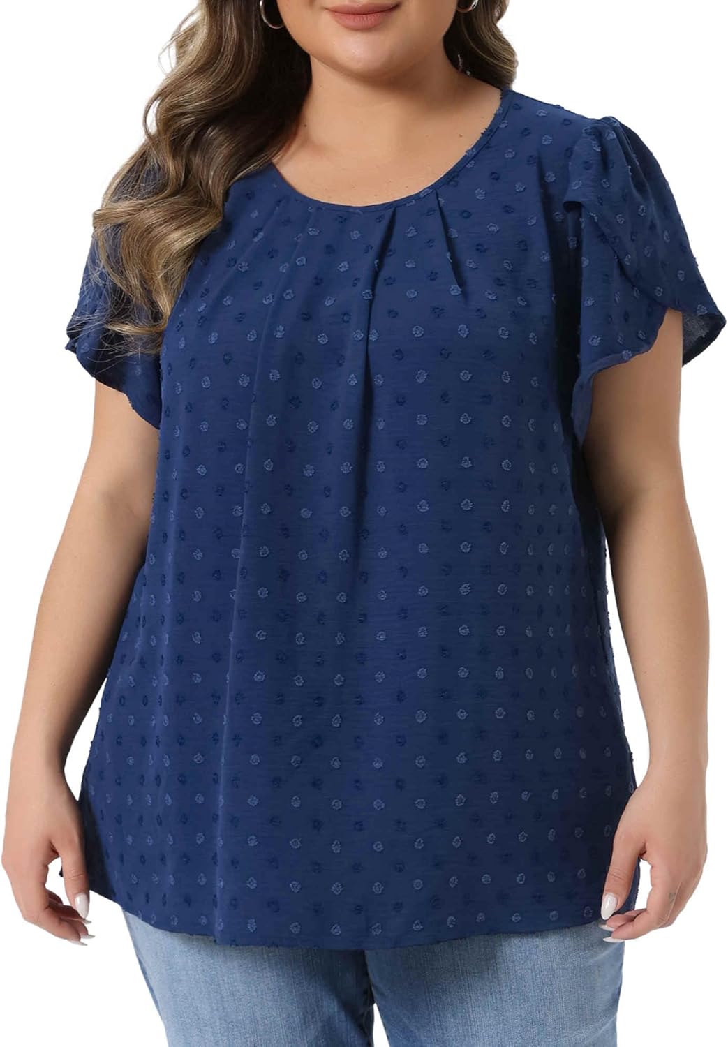 Agnes Orinda Plus Size Tops for Women Swiss Dot Crew Neck Tulip Short Sleeve Shirts Front Pleated Summer Blouse Top