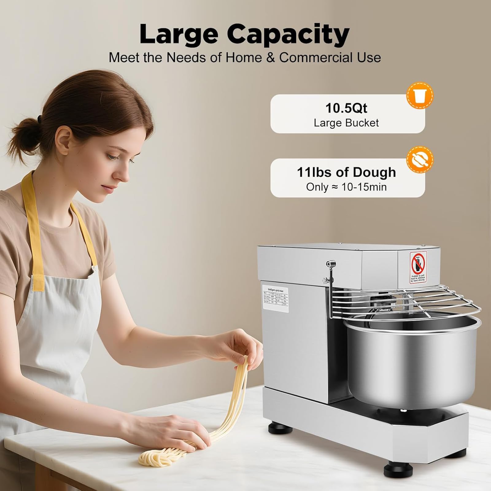 Impastatrice Professionale, Impastatrice Elettrica da 10 L/2,6 Gal, Impastatrice a Spirale per Pizza Elettrica da 750 W, capacità 10 L E velocità Regolabile, Design Sicuro, per Panetterie