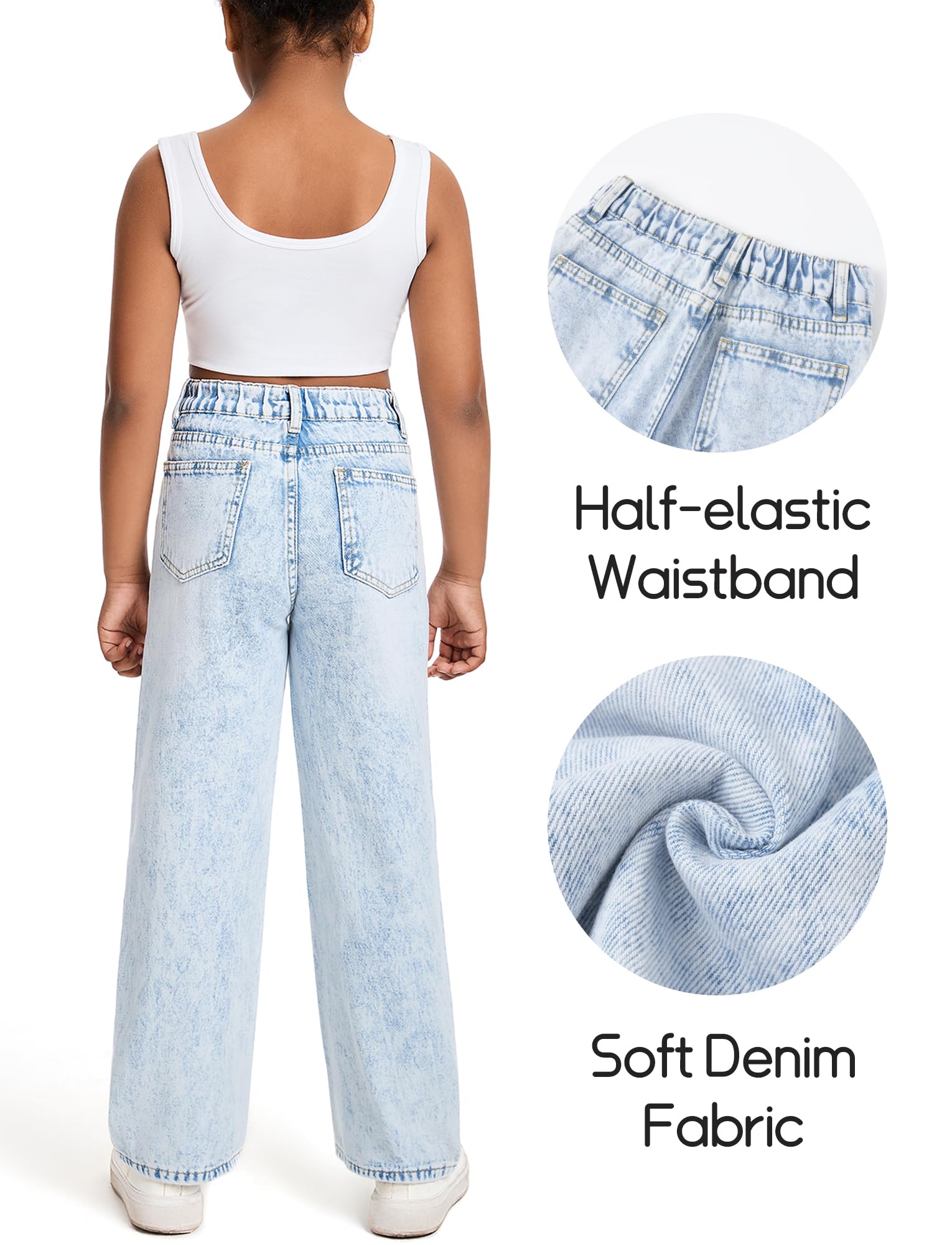 Maeau Jeans strappati a stelle/gamba larga per ragazze, pantaloni in denim, vestibilità larga, pantaloni per il tempo libero, con elastico in vita e tasche, 7-14 anni/altezza 130-160 cm