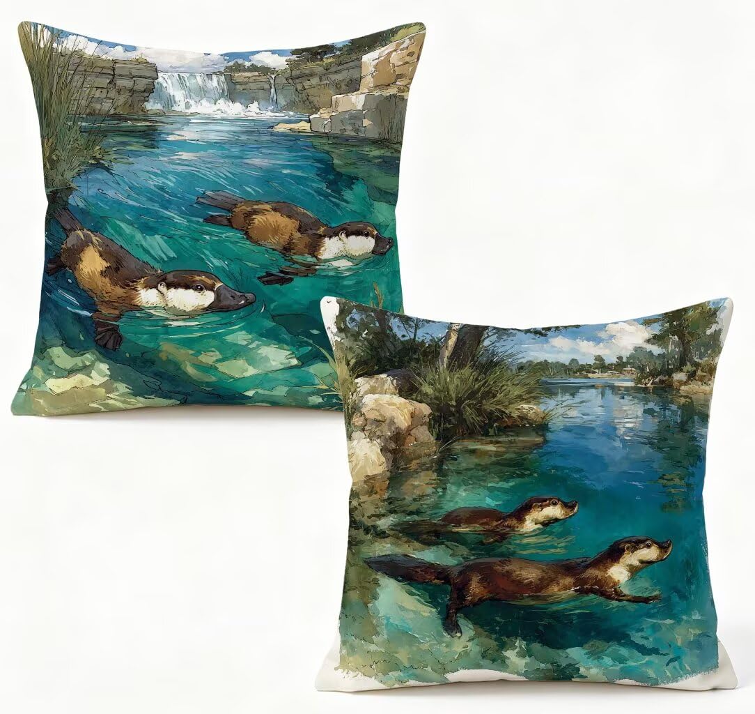 Kissenbezug 65 x 65 2er Set Sofakissen GrüN Kopfkissenbezug 65x65 cm Dekokissen Schnabeltier Outdoor Pillow Leinen Doppelseitiger HD-Druck, Terrassen Deko Wohnzimmer, Frühling und Sommer 7-A05083