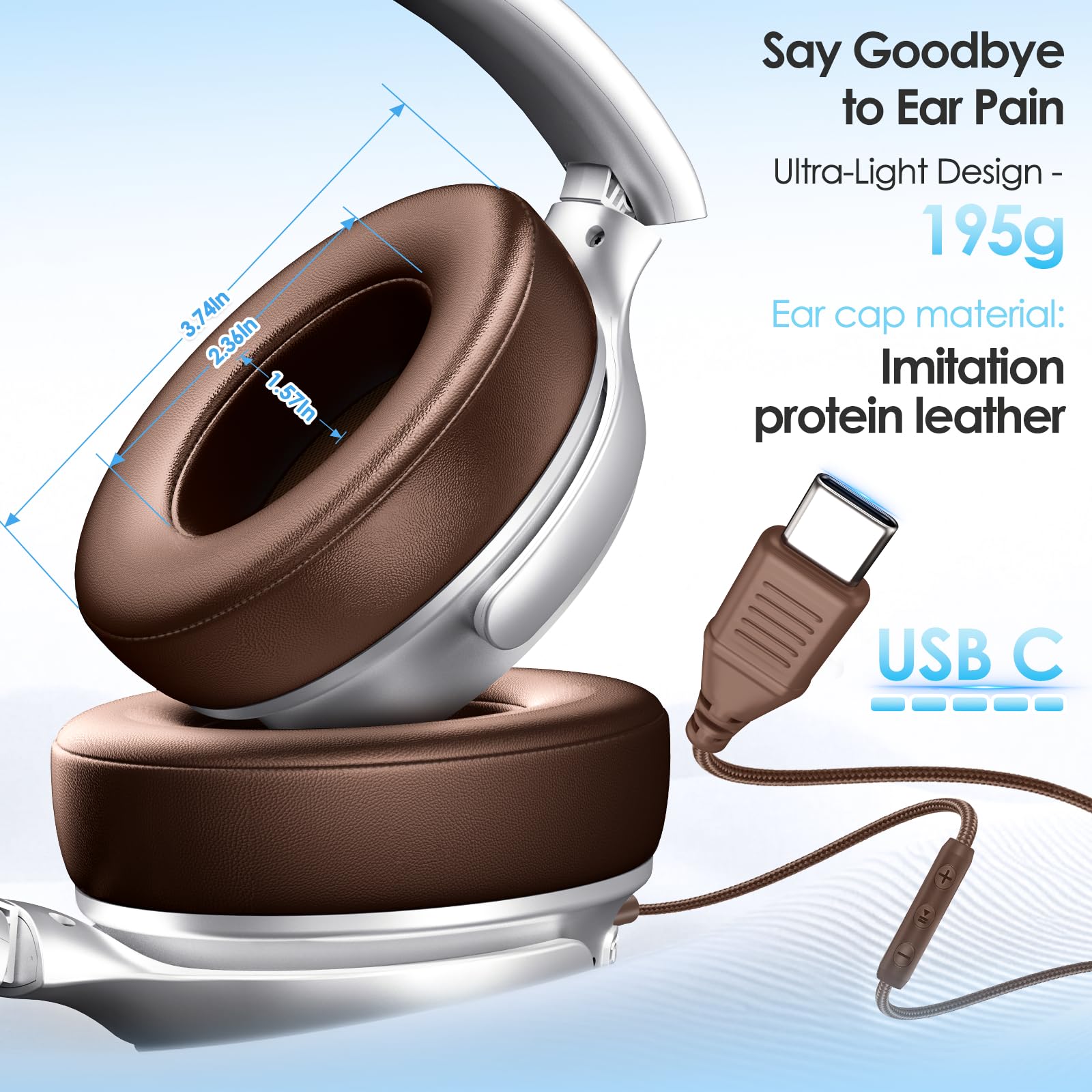 INFURTURE Cuffie USB C cablate con cancellazione attiva del rumore sopra l'orecchio, argento