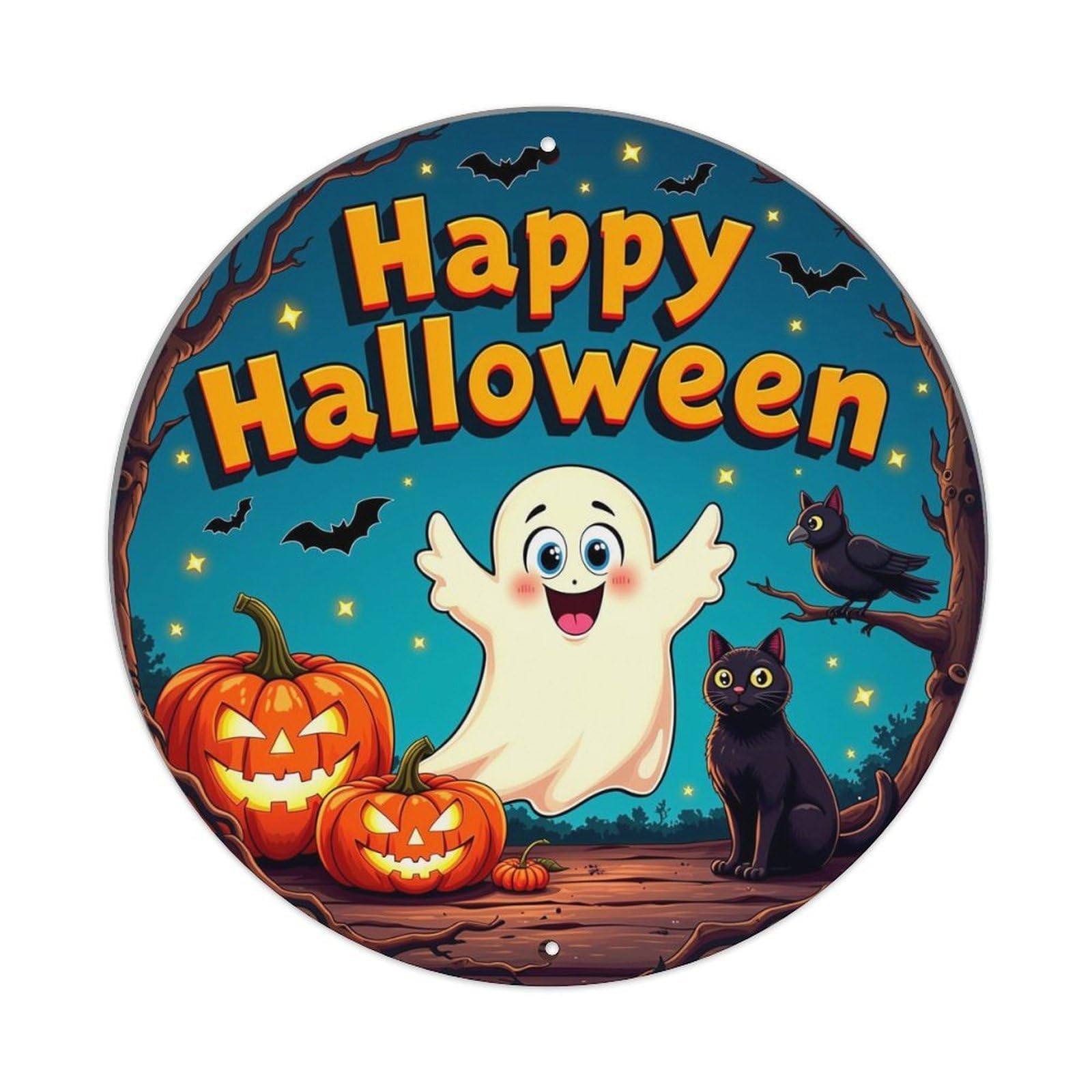 Happy Halloween Ghost Pumpkin Cat Vintage Round Tin Sign Retro Metal Wall Decor Metal Poster, Home Bar Garage Cafe Wall Art Decoration 8x8Inches