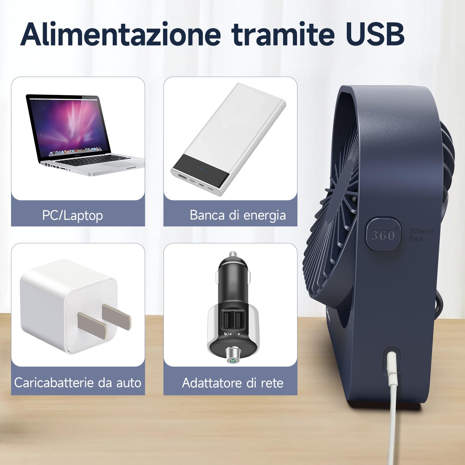 WOWDSGN Ventilatore da Tavolo a Batteria Ricaricabile - Ventilatore USB Piccole con Forte Flusso d'Aria - Mini Ventilatore Portatile - 3 Velocità - Ideale per Interno ed Esterno (Blu Scuro)