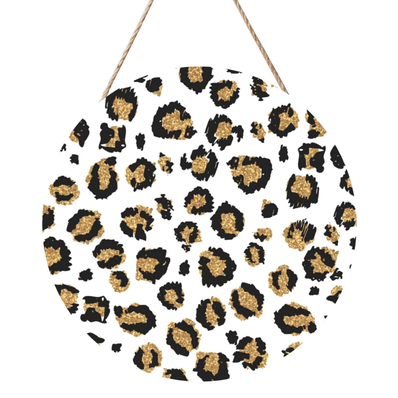 InOmak Gold Glitter Black Leopard Animal Print, Round Wood Panel Painting 12 in, Wall Hanging Painting For Home