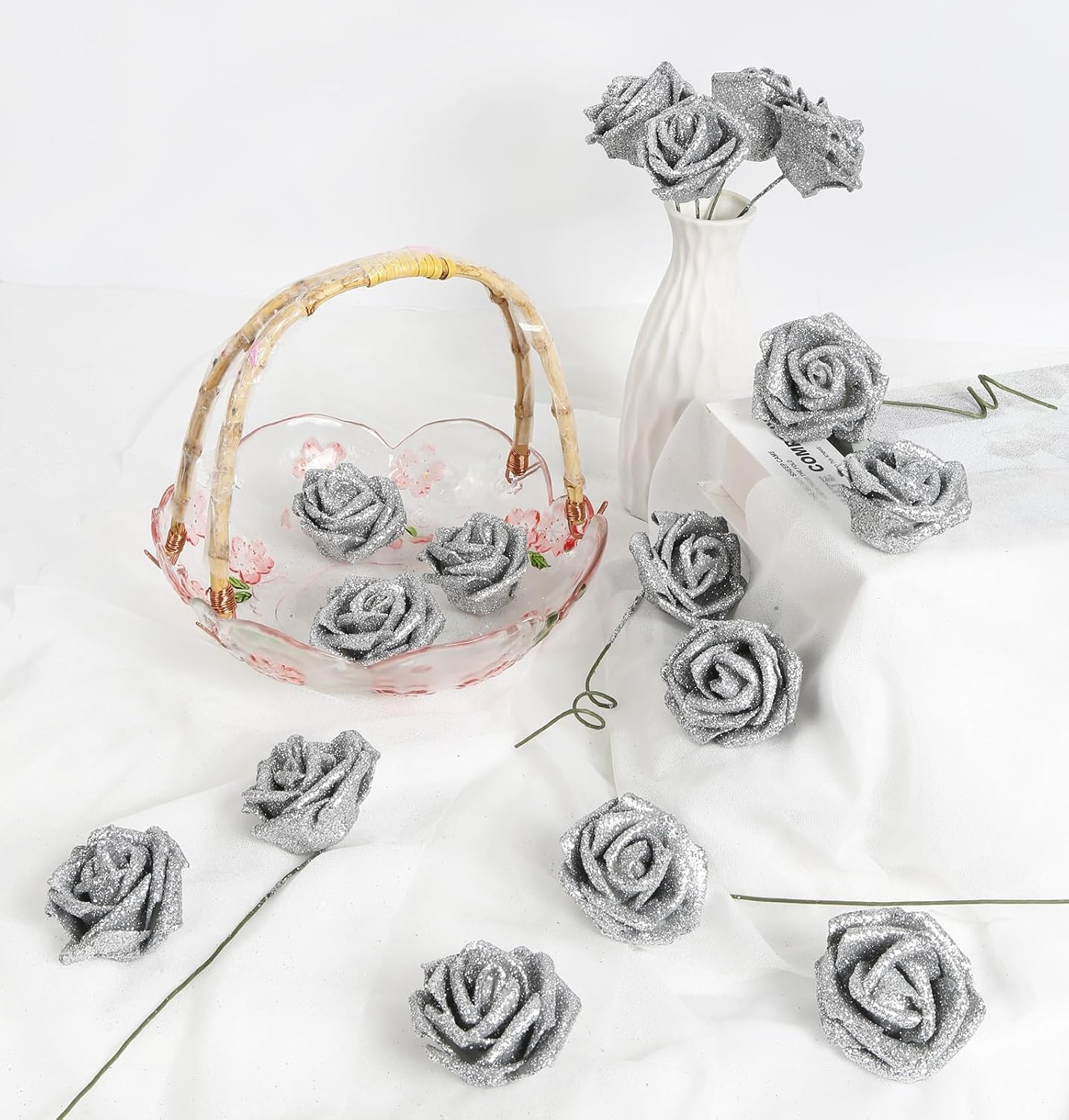 Silver Glitter Roses 30PCS Artificial Roses with Stems Glitter Foam Flowers 2.56" Silver Flowers Fake Roses for Bridal Shower Wedding Bouquet Table Decor - Image 7