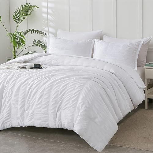 KAKIJUMN Juego de edredón blanco tamaño King, 7 piezas de edredón y sábanas de sirsaca de sirsaca para todas las estaciones (blanco, King)