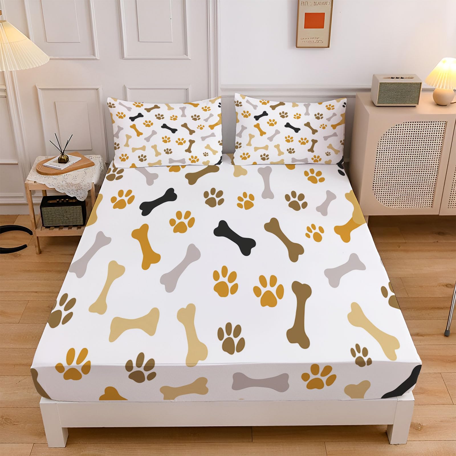 Drap housse 200x200 cm crème à motif patte de chien