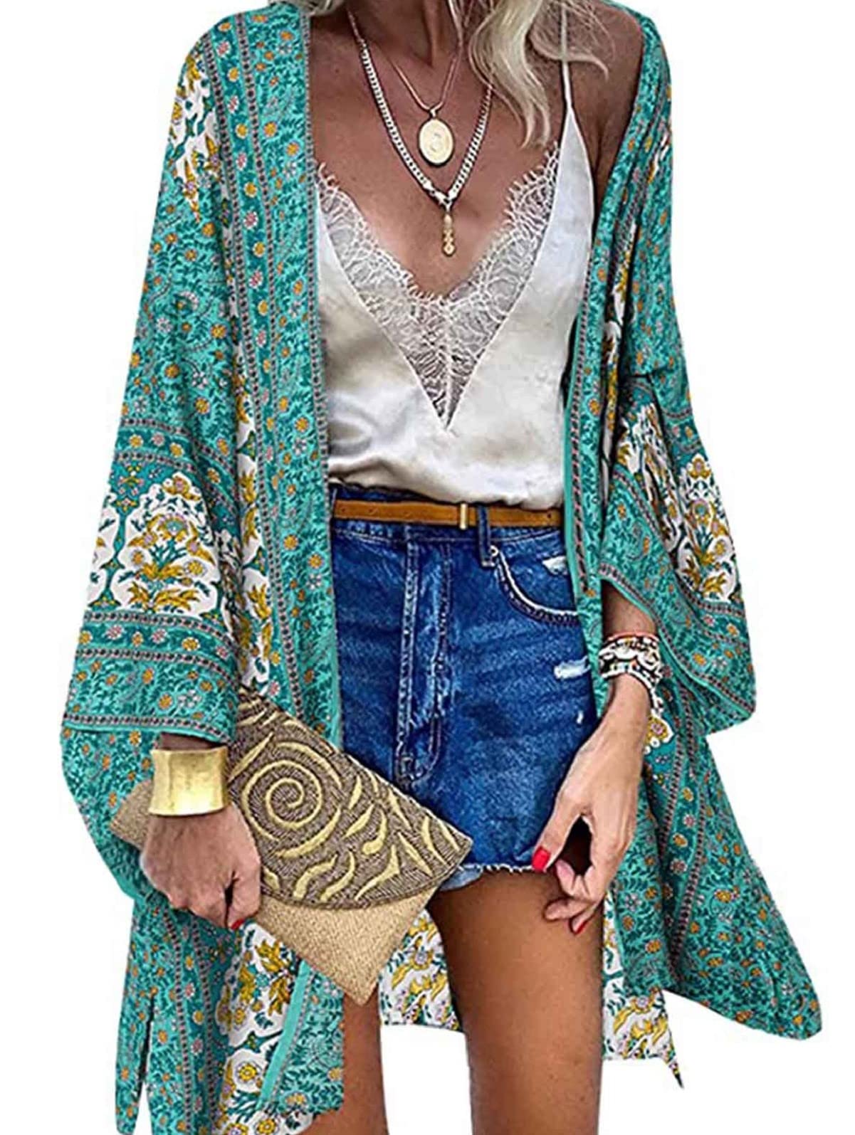 CheChury Cárdigans Kimono Floral Manga Larga Kimono Mujer Camisolas Casual Gasa Pareos Playa Ropa de Baño Verano Blusa Suelta Boho Bikini Cover Up Caftan Playa Chaqueta Mujer Chal Verano Boho Túnica