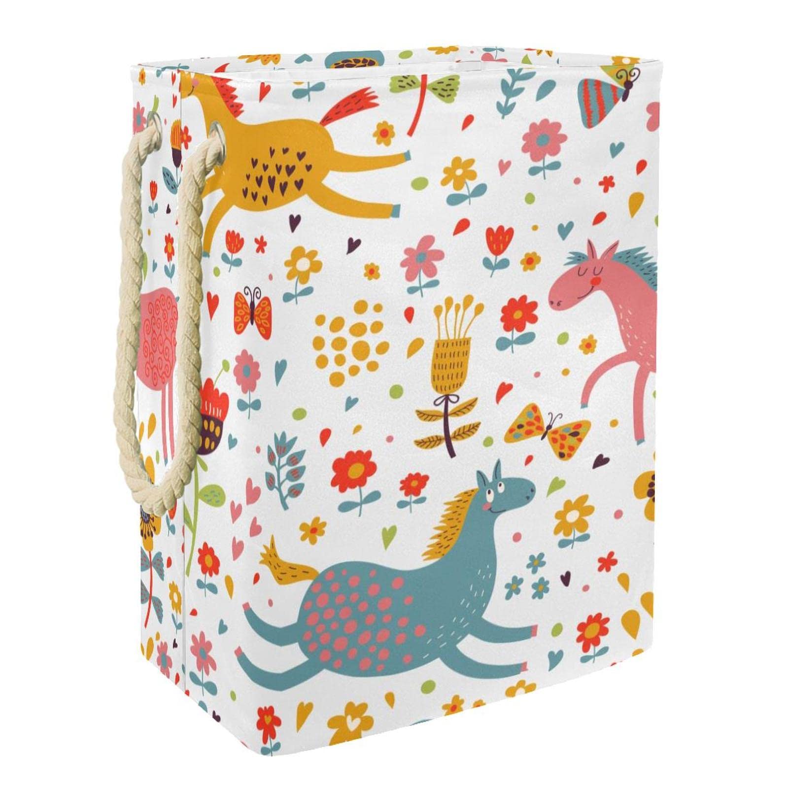Grand panier à linge avec poignée durable motif cheval en anthémie