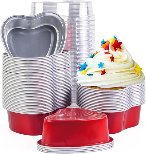 Moldes de papel de aluminio para el día de San Valentín en forma de corazón con tapas, moldes para pan de 3.4 fl oz, 50 juegos100 tazas rojas para disponible en Yaxa El Salvador