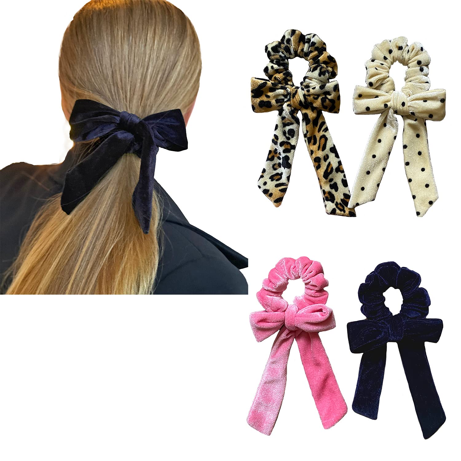 Silvr Bear Luxury Velvet Bow Ribbon Scarf Scrunchies | Same 4 as PIC | Buttery Soft Velvet | Anti-Hair-Breakage, Stylish Scrunchy for Girls, Women, Hair Ties (Velvet Ribbon 4 Scrunchies Polka Cheetah Pink Navy) (B095KR2D2K) Amazon Price History, Amazon Price Tracker