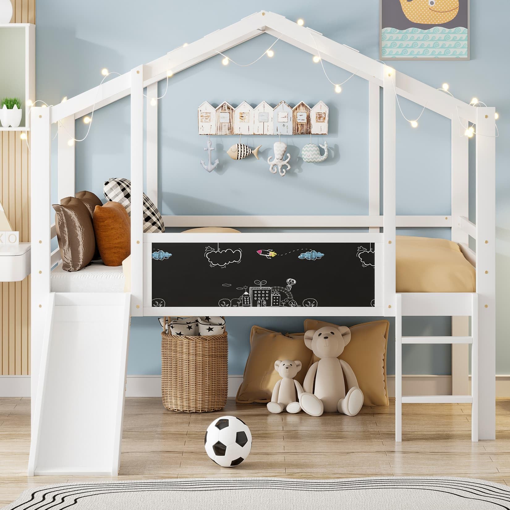 Lit Mezzanine 1 Place 90x200cm,Lit Cabane Enfants avec Toboggan,Tableaux Blancs,Haute Barrière,Sommier à Lattes Solide,Pin,pour Enfants Adolescents,sans LED/Matelas(Blanc)